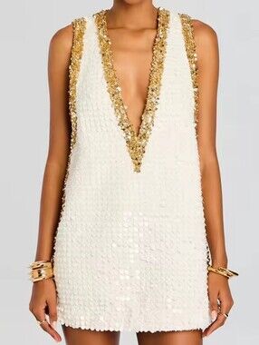 Women Deep V Neck Sexy Mini Dress, Holiday Sequins Sleeveless Simple Party Dress